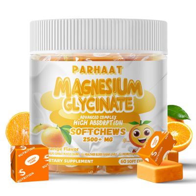 Magnesium Glycinate Soft Chews, Orange Flavor.Chewable Sugar Free Potassium Magnesium Chews with Magnesium Glycinate, Vitamin D, B6, and CoQ10 for Calm Support Sleep for Adults, 60 Days Supply