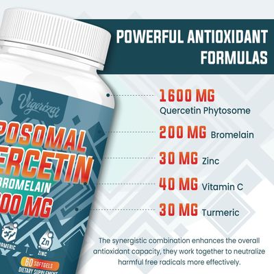 Liposomal Quercetin Phytosome, Quercetin with Bromelain, Zinc Vitamin C, Bioactive Phytosome Complex, 20X Higher Absorption - 60 Softgels