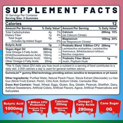 Butyrate Gummies with Probiotic Prebiotic Postbiotic, Omega-3 500mg,Fiber with 9 Billion CFU Probiotics, Calcium Magnesium, Inulin,Psyllium Husk for Digestive Health,Bloating Support,Sugar Free