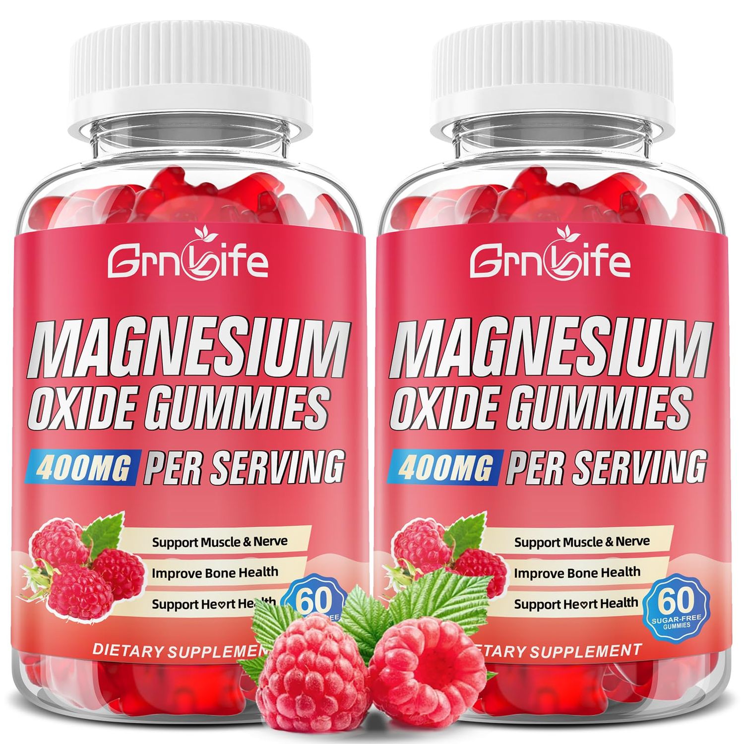 2 Pack Magnesium Oxide Gummies 400mg, Chewable Magnesium Oxide Supplement for Adults Kids, Nerve Muscle Support, Vegan, Raspberry Flavor, 120 Count