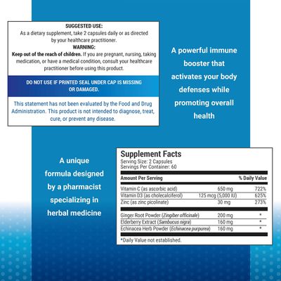 6 in 1 Immune Support 120 Capsules with Powerful Blend of Elderberry, Echinacea, Ginger, Vitamin C 650mg, Vitamin D3 5000 IU Zinc Picolinate 30mg- Immune Booster Supplement for Adults and Kids