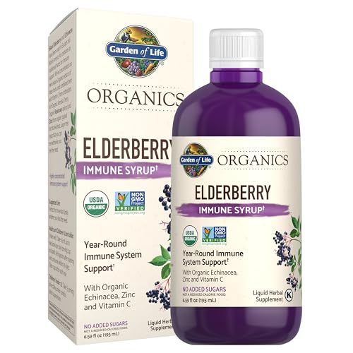 Garden of Life Organics Plant-Based Elderberry Immune Syrup 6.59 fl oz (195 Ml) for Kids Adults: Sambucus, Echinacea, Zinc Vitamin C, 0g Sugar, Organic Vegan Gluten Free Herbal Supplement