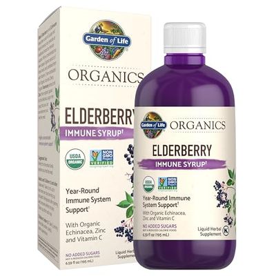 Garden of Life Organics Plant-Based Elderberry Immune Syrup 6.59 fl oz (195 Ml) for Kids Adults: Sambucus, Echinacea, Zinc Vitamin C, 0g Sugar, Organic Vegan Gluten Free Herbal Supplement