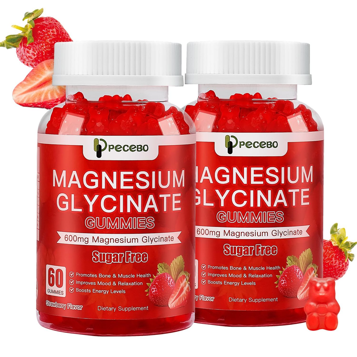 PECEBO Magnesium Glycinate Gummies 600mg, Sugar Free Magnesium Gummies for Adults, Strawberry Magnesium Supplement for Stress Muscle Relief Nerve Health, Non-GMO, Gluten Free, Vegan, 120 Count