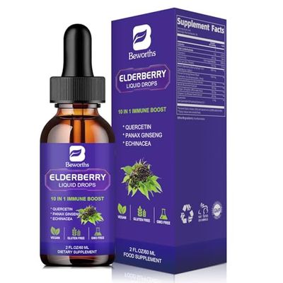 B BEWORTHS Elderberry Syrup Quercetin Black Elderberry Liquid Drop with Quercetin, Panax Ginseng for Immune Support Sambucus Elderberry with Vitamin C and Zinc, D3 Vegan Non-GMO Original