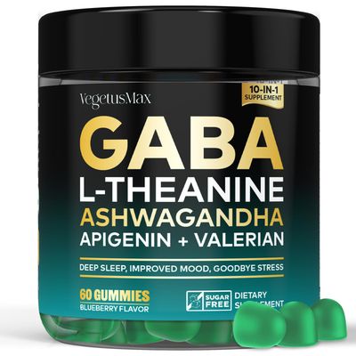GABA L-Theanine Gummies Natural Stress Relief Supplement - Calm, Sleep, Relaxation Mood Support, Magnesium, Vitamin B6, Ashwagandha, Apigenin, Non-Habit Forming Sugar free Gummy, Blueberry Flavor