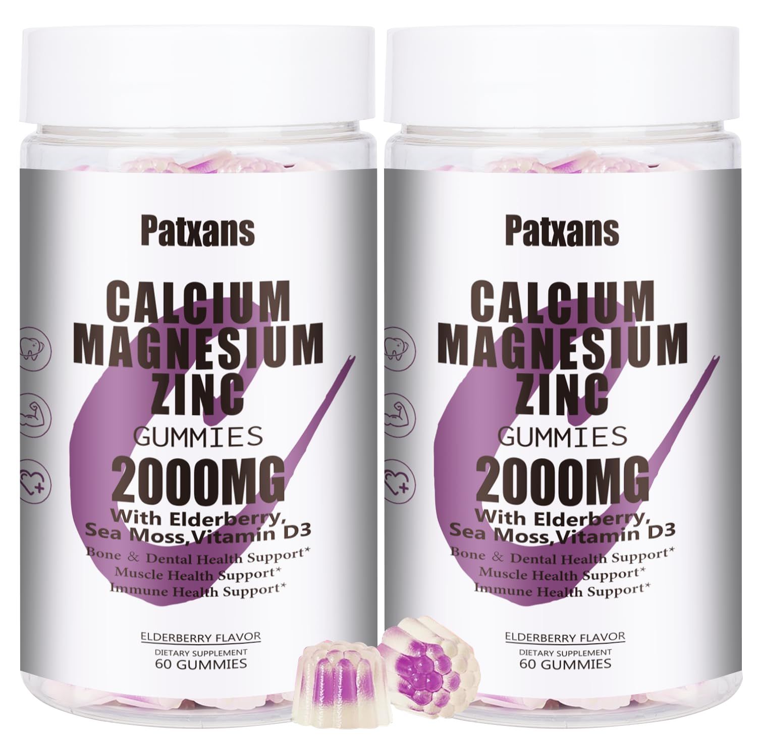 2 Packs 2000MG Calcium Magnesium Zinc Gummies with Vitamin D3 Elderberry, Sea Moss, for Bone Tooth Strength, Muscle Immunity, Sugar-Free, Vegan, Blueberry Flavor, 120ct.