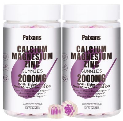 2 Packs 2000MG Calcium Magnesium Zinc Gummies with Vitamin D3 Elderberry, Sea Moss, for Bone Tooth Strength, Muscle Immunity, Sugar-Free, Vegan, Blueberry Flavor, 120ct.
