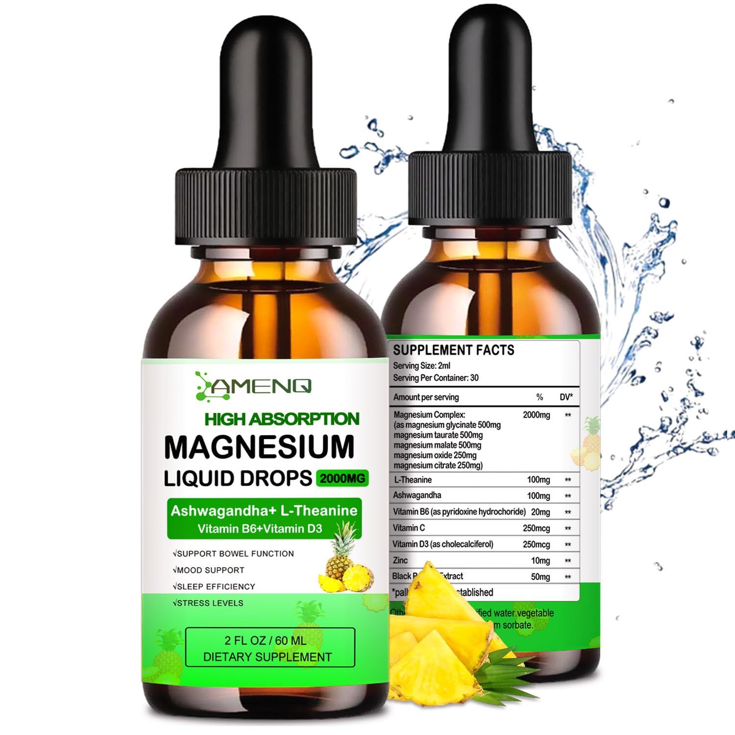 Liquid Magnesium Supplement, Organic Magnesium Blend Drops Glycinate, Taurate, Oxide, Malate, Citrate wL-Theanine, Ashwagandha for Cortisol, Sleep, Stress, Muscle, Brain Nerve Health