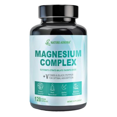 Magnesium Complex Supplement - Chelated Magnesium Glycinate, Citrate, Taurate, Malate, Oxide Capsules - High Absorption Magnesium for Sleep, Leg Cramps, Muscle Relief, 400mg, 120 Veggie Capsules