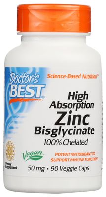 Doctor&#39;s Best Zinc Bisglycinate High Absorption 100 Chelated 50 MG, Non-GMO, Vegan, 90 Veggie Capsule (Pack of 1)