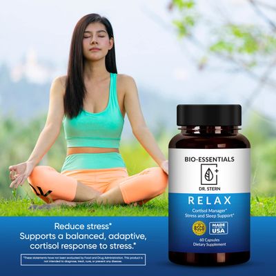 BIO-ESSENTIALS, Relax-Doctor formulated: Manages Stress, Promotes Deep Sleep, Improves Mood-WOrganic Holy Basil, Zinc, Magnesium, Vitamin B6, Magnolia Bark, L-Theanine, Vegan-Made in USA-60 Caps