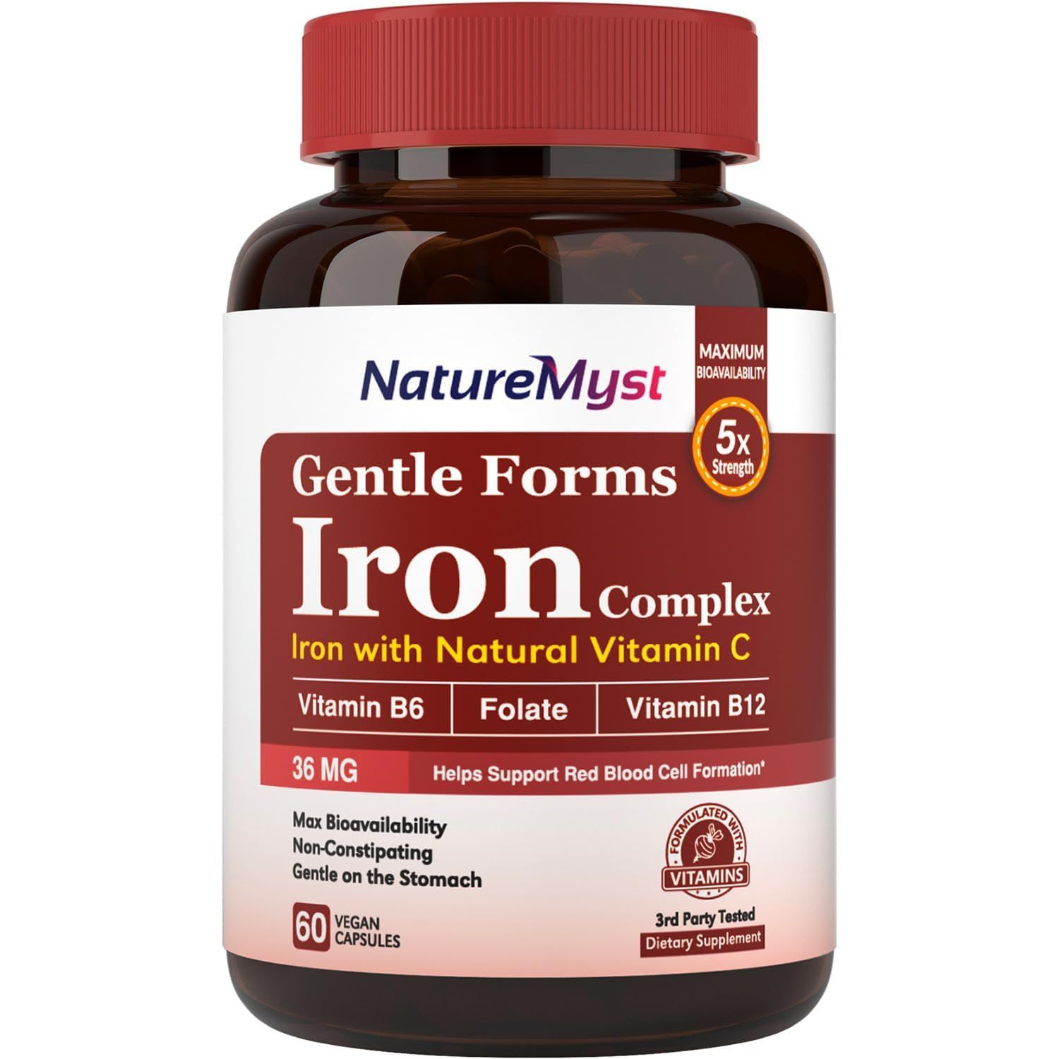 NatureMyst Gentle Iron Supplement for Women Men with Vitamin C, Folate, B6 B12 Stomach Friendly Iron Bisglycinate Non-Constipating Iron Pills for Blood, Energy Immune Support 60 Vegan Caps