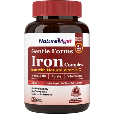 NatureMyst Gentle Iron Supplement for Women Men with Vitamin C, Folate, B6 B12 Stomach Friendly Iron Bisglycinate Non-Constipating Iron Pills for Blood, Energy Immune Support 60 Vegan Caps