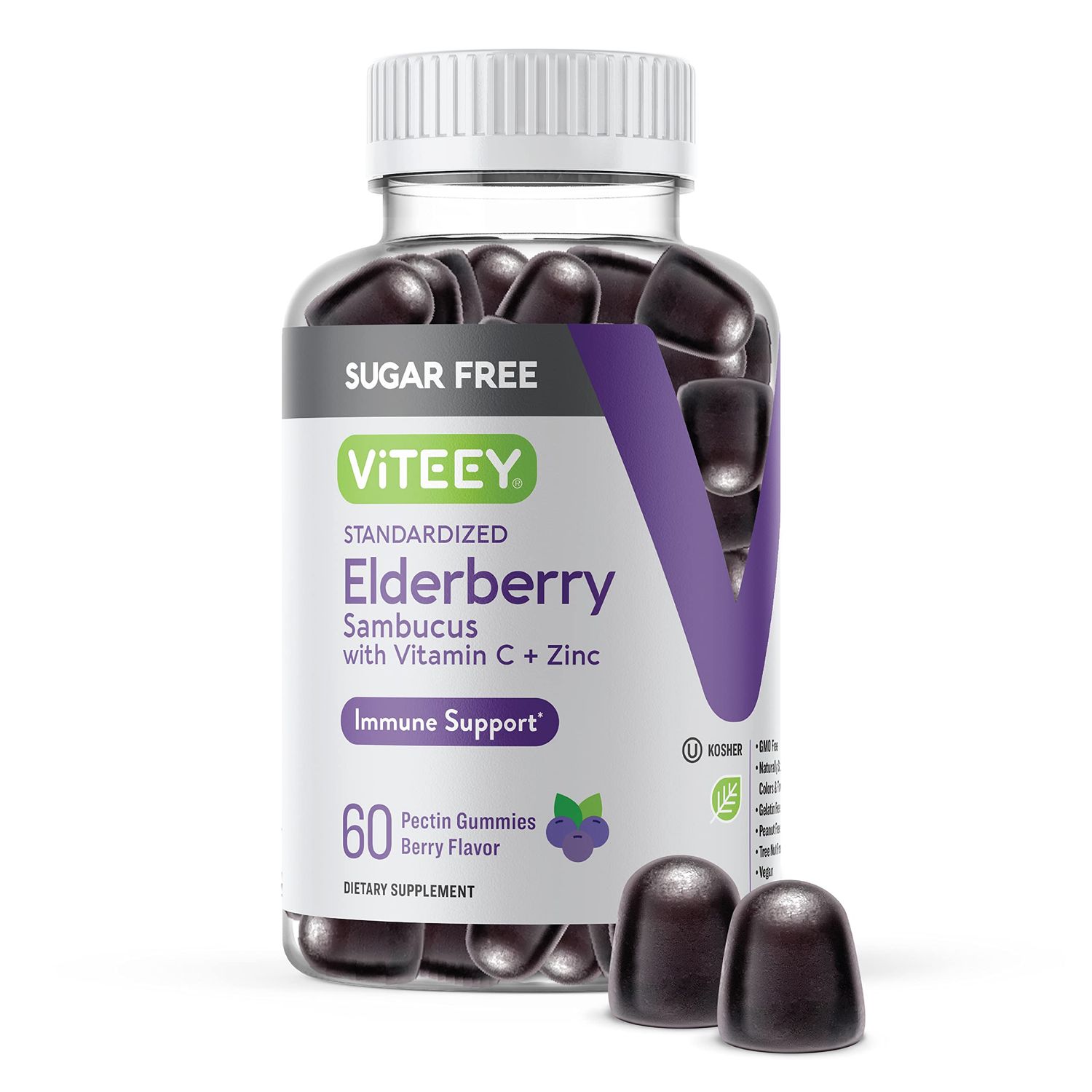 Sambucus Elderberry Gummies for Adults Teens Zinc Vitamin C - Sugar Free - Immune Support Booster Herbal Supplement - Vegan, Gluten Free, Gelatin Free, GMO Free, Chewable Berry Flavored Gummy