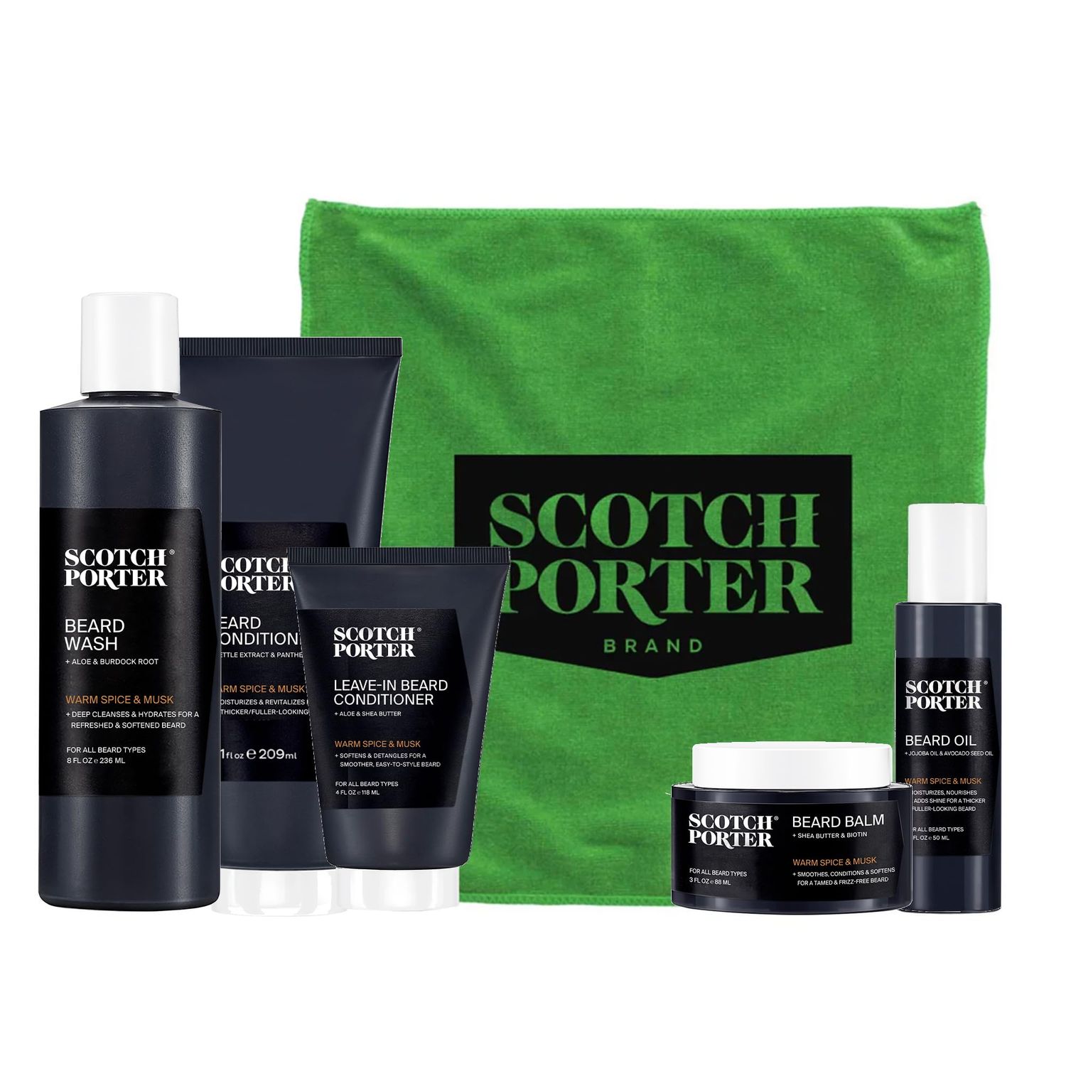 Scotch Porter Get Bearded Collection - Cleanse, Moisturize, Soothe Style while Encouraging Growth for a FullerHealthier-Looking Beard - Includes Wash, 2 Conditioners, Oil, Balm Towel