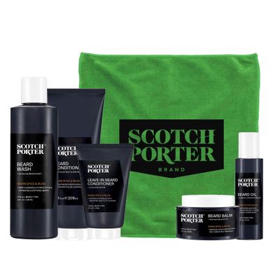 Scotch Porter Get Bearded Collection - Cleanse, Moisturize, Soothe Style while Encouraging Growth for a FullerHealthier-Looking Beard - Includes Wash, 2 Conditioners, Oil, Balm Towel