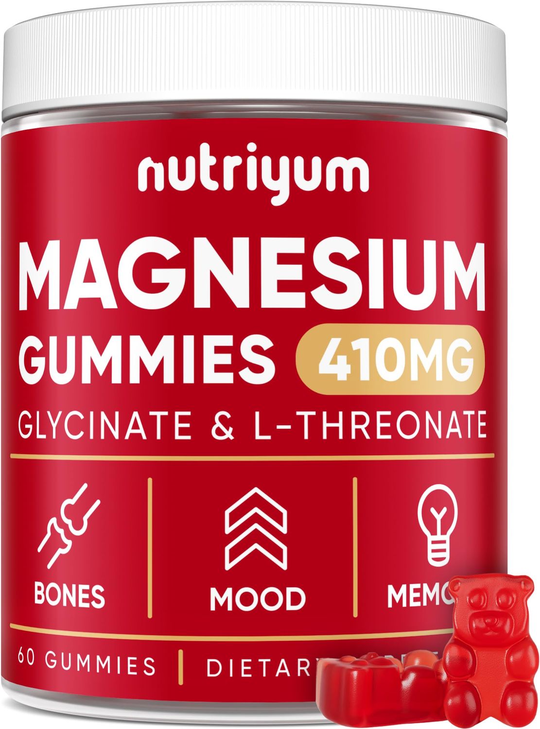 Magnesium Glycinate Gummies for Adults Kids - 410mg Elemental Magnesium L-Threonate Chewables for Bones Memory Support, Calm Mood - 2 Month Supply Magnesium Gummies Supplement Complex - 60 pcs