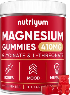 Magnesium Glycinate Gummies for Adults Kids - 410mg Elemental Magnesium L-Threonate Chewables for Bones Memory Support, Calm Mood - 2 Month Supply Magnesium Gummies Supplement Complex - 60 pcs