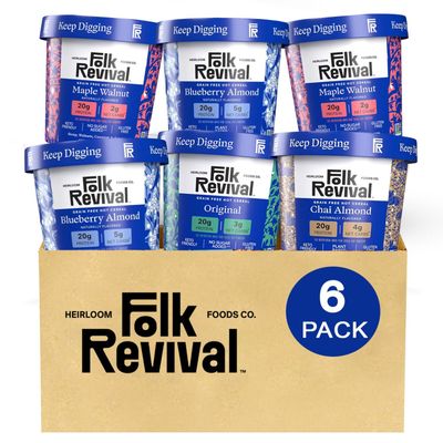 Folk Revival Variety Pack Keto Instant Oatmeal - 20g of Protein, Low Carb, High Fiber, 2 Blueberry, 2 Maple Walnut, 1 Chai Almond, 1 Original - 6 Cups Per Case