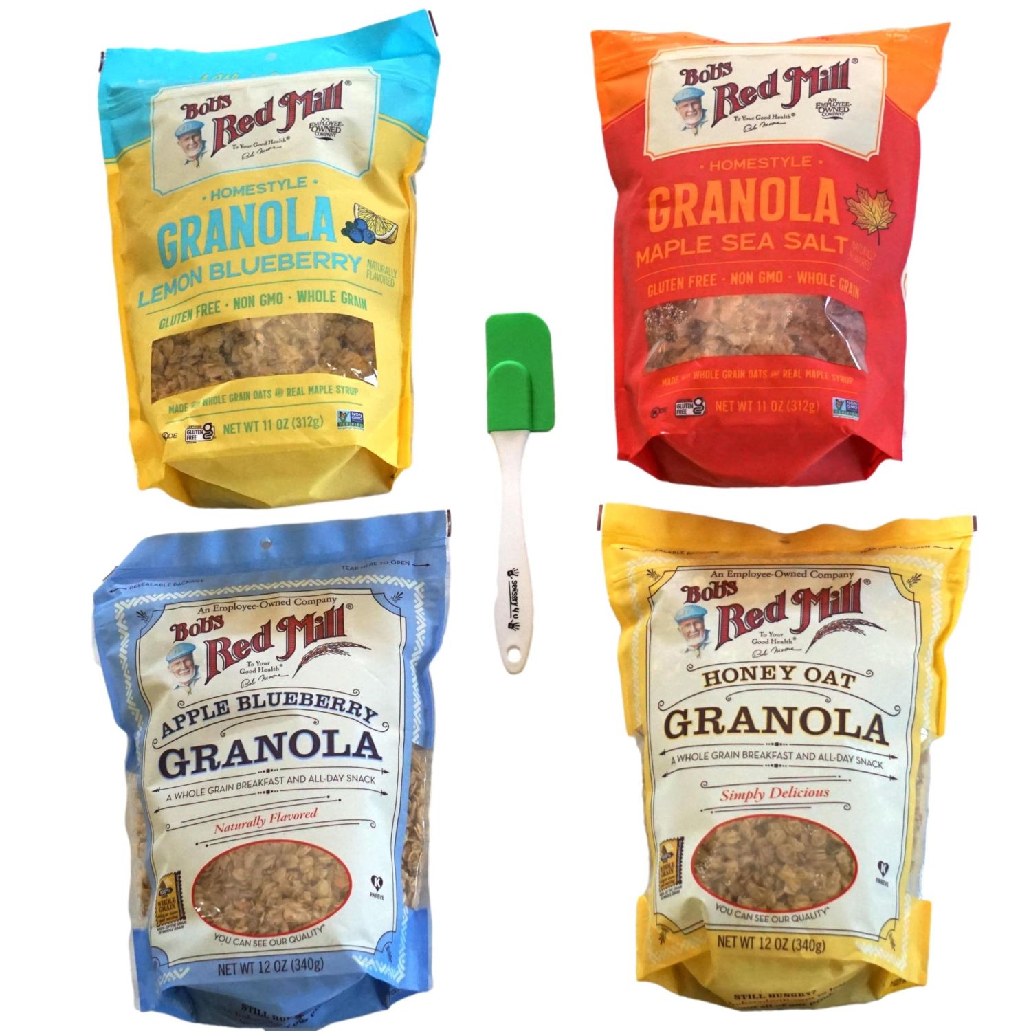 Bobs Whole Grain Granola Red Mill Variety Pack - 4 Flavors - Gluten-Free, Non-GMO, High Fiber, Healthy Breakfast Cereal with Real Maple Syrup Crunchy Clusters - Sensory4u Spatula