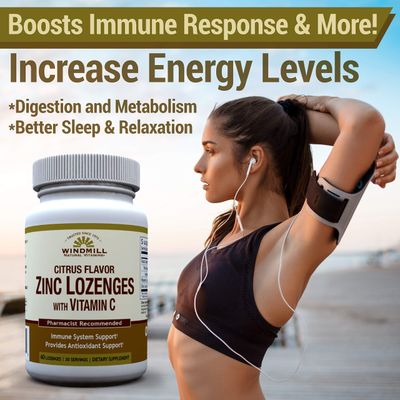 Windmill Health Natural Vitamins Zinc Lozenges with Vitamin C Honey Lemon Flavor, Immune System Support, Provides Antioxidant Support, Delicious Fast Acting, 60 Lozenges, 30 Servings.
