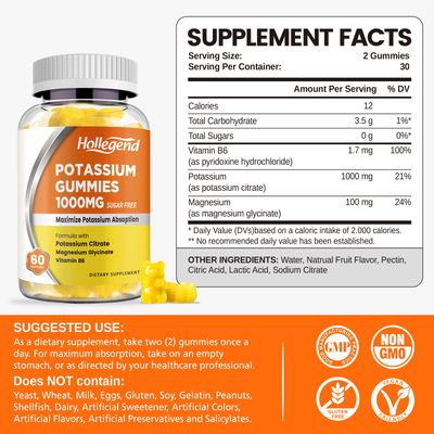 HOLLEGEND Potassium Gummies 1000mg, Maximize Potassium Absoption Blend with Vitamin B6 Magnesium, Potassium Citrate Supplement for Adults, Sugar Free, 60 Count