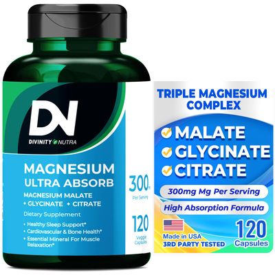 Divinity Nutra Triple Magnesium Complex Supplement,300mg of Magnesium Glycinate, Malate Citrate for Muscles, Nerves, Energy, High Absorption, 120 Vegan Capsules Non-GMO USA Made