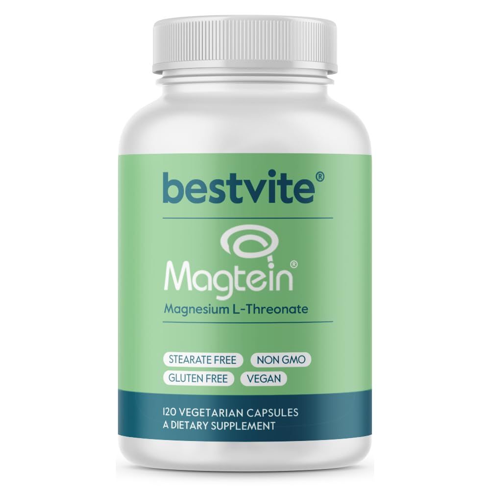 BESTVITE Magtein Magnesium L-Threonate Capsules - 2000mg per Serving (120 Vegetarian Capsules) - Patented and Bioavailable Magnesium - No Stearates - No Fillers - Vegan - Non GMO - Gluten Free