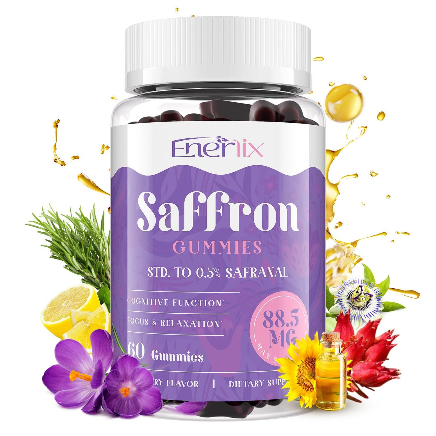 Saffron Gummies 88.5 mg with Magnesium, Max Strength Saffron Supplements with St. John s Wort, GABA, Rhodiola, Rosemary Passion Flower Extracts for Mood, Focus - 60 Servings