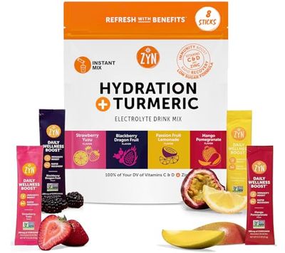 ZYN Electrolyte Drink Mix Hydration Packets, Electrolytes Powder, Hydration Packets wTurmeric Curcumin, Vitamin C, Vitamin D, Zinc, Hydrate Electrolyte Powder Packets for Wellness, Variety Pack of 8