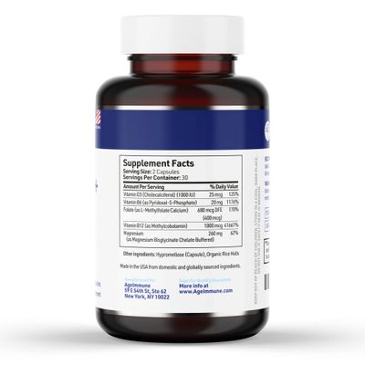 AgeImmune Vitamin B Complex with Vitamin D3 B12 B6 Magnesium Bisglycinate and Folate as Methylfolate - Doctor Formulated Methylated B Complex Supplement - 60 Capsules - Without Niacin