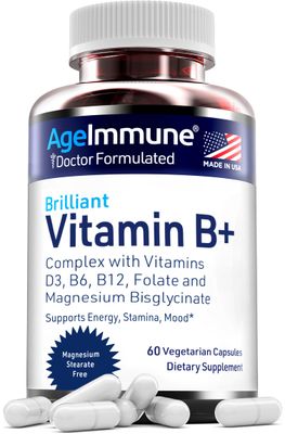 AgeImmune Vitamin B Complex with Vitamin D3 B12 B6 Magnesium Bisglycinate and Folate as Methylfolate - Doctor Formulated Methylated B Complex Supplement - 60 Capsules - Without Niacin