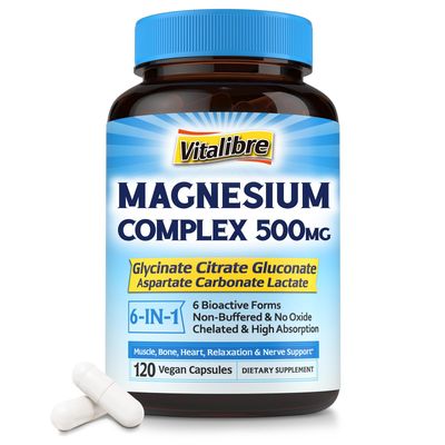 Magnesium Complex 500mg, 6 in 1 Chelated Magnesium Glycinate, Citrate, Aspartate, Gluconate, Carbonate Lactate, Max Absorption Supplement for Sleep, Calm Muscle, 120 Vegan Caps, No Magnesio Oxide