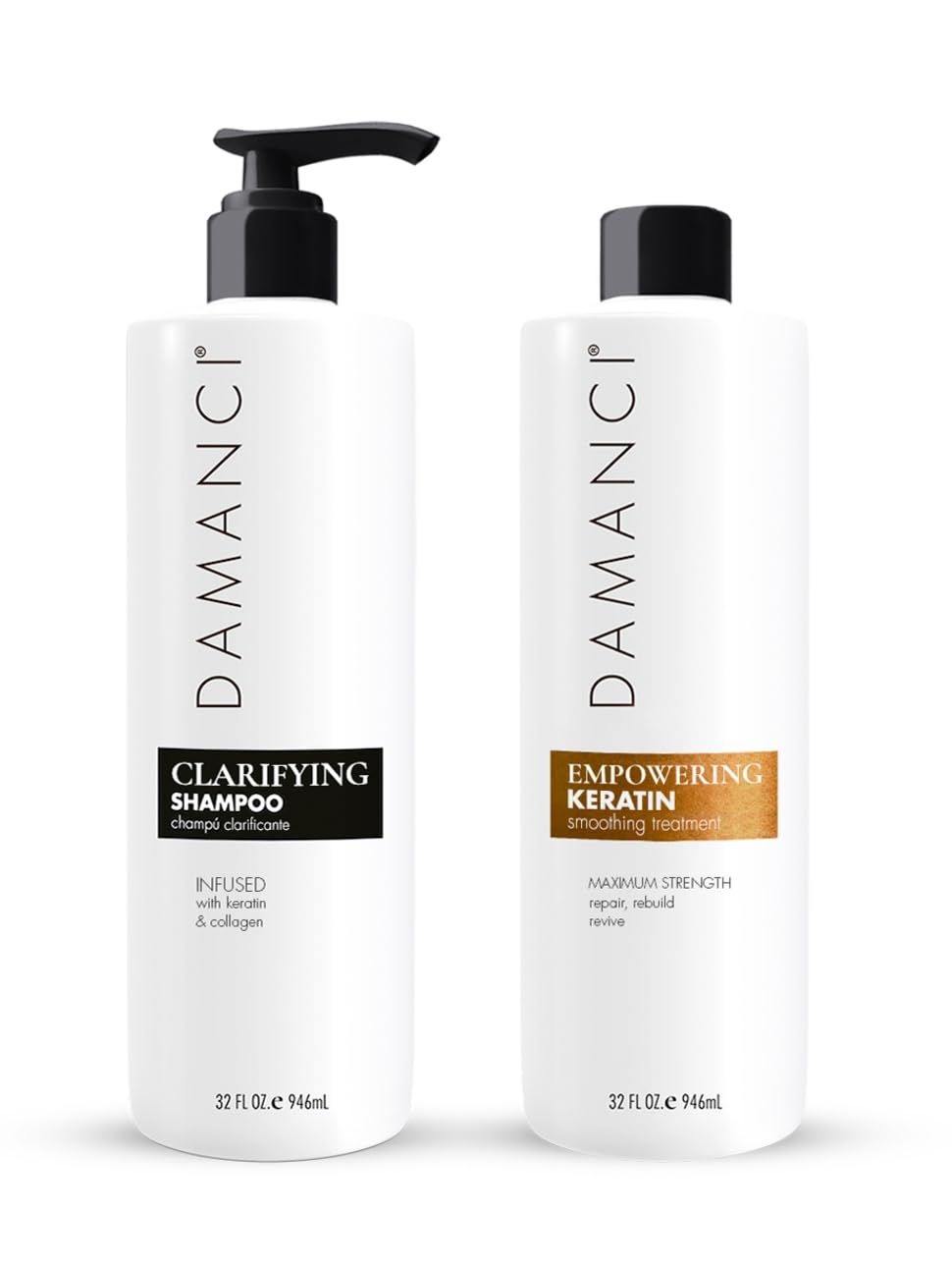 DAMANCI Keratin Recovery Kit, Brazilian Smoothing Treatment Hair Restoration Complex with Stem Cells to Smooth Control Frizz Add Shine and Anti-Volume Clarifying Shampoo to Remove (32 Oz)