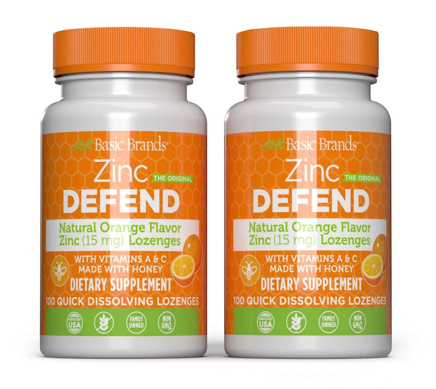 Basic Brands - Zinc Orange Defend - 100 Lozenges - Natural Orange Flavor Zinc-Lozenges - Immune Boost, Cold Relief, Non-GMO, Zinc Acetate Vitamin C - 2-Pack
