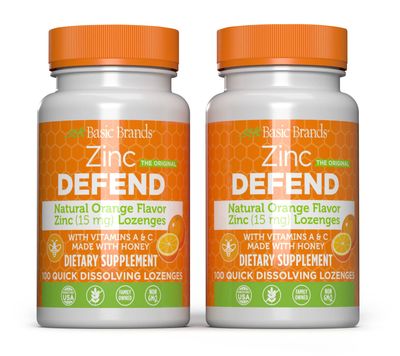 Basic Brands - Zinc Orange Defend - 100 Lozenges - Natural Orange Flavor Zinc-Lozenges - Immune Boost, Cold Relief, Non-GMO, Zinc Acetate Vitamin C - 2-Pack
