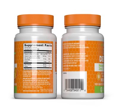 Basic Brands - Zinc Orange Defend - 100 Lozenges - Natural Orange Flavor Zinc-Lozenges - Immune Boost, Cold Relief, Non-GMO, Zinc Acetate Vitamin C - 2-Pack