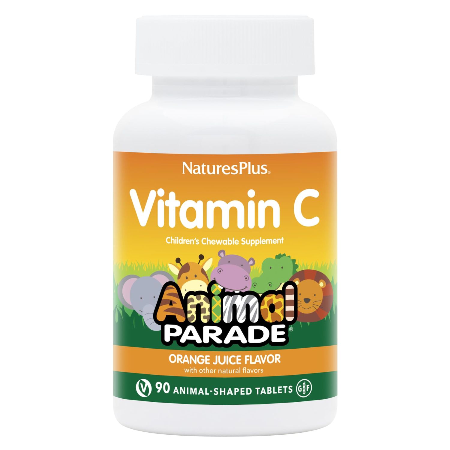 NaturesPlus Animal Parade Vitamin C Children&#39;s Chewable - Natural Orange Juice Flavor - 90 Animal-Shaped Tablets, Pack of 2 - Vegan, Vegetarian, Gluten Free - 90 Total Servings