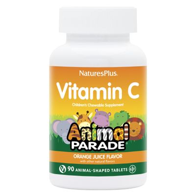 NaturesPlus Animal Parade Vitamin C Children&#39;s Chewable - Natural Orange Juice Flavor - 90 Animal-Shaped Tablets, Pack of 2 - Vegan, Vegetarian, Gluten Free - 90 Total Servings