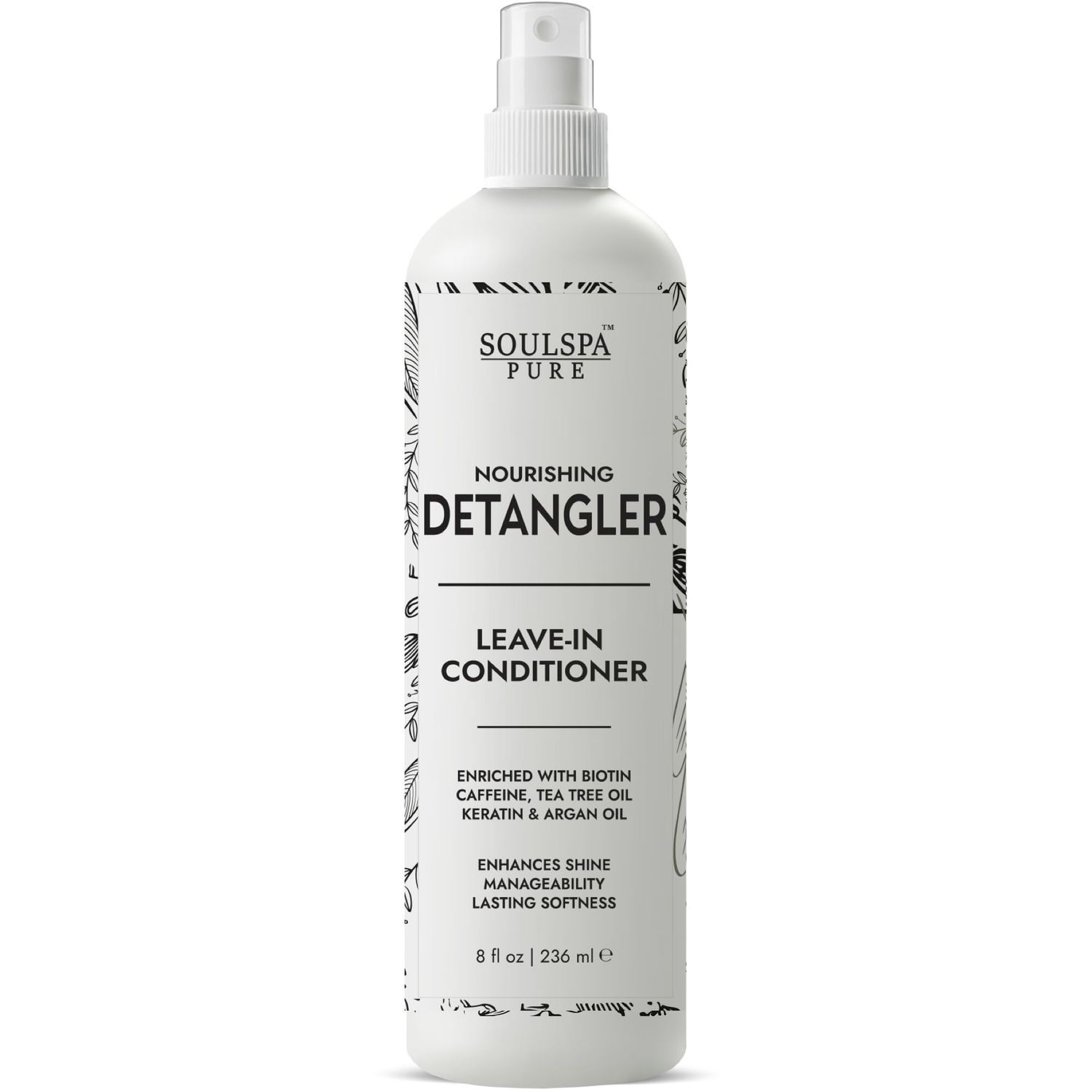 SOULSPA PURE Leave In Conditioner Spray Hair Detangler - Softens Protects from Moisture Loss Frizz - for Curly, Dry Damaged Hair with Argan Oil, Caffeine, Biotin Vitamin E - 8 fl oz