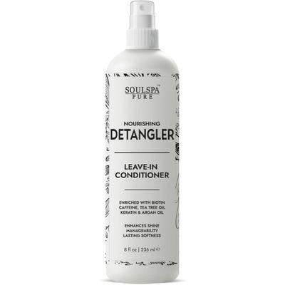 SOULSPA PURE Leave In Conditioner Spray Hair Detangler - Softens Protects from Moisture Loss Frizz - for Curly, Dry Damaged Hair with Argan Oil, Caffeine, Biotin Vitamin E - 8 fl oz
