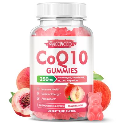 CoQ10 Gummies 250mg, Coenzyme Q10 Supplements Plus Omega-3, Vitamin B6 Zinc, High Absorption CoQ10 Supplement for Cellular Energy Antioxidant Support, Vegan, Peach Flavor, 60 Count