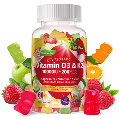 Wekannufod Sugar-Free Vitamin D3 K2 Gummies with Calcium K2 (MK-7), Magnesium Citrate, Vitamin C, Extra Strength - Ultimate Absorption for Bone Muscle Teeth Immune, Vegan - 60 Gummies