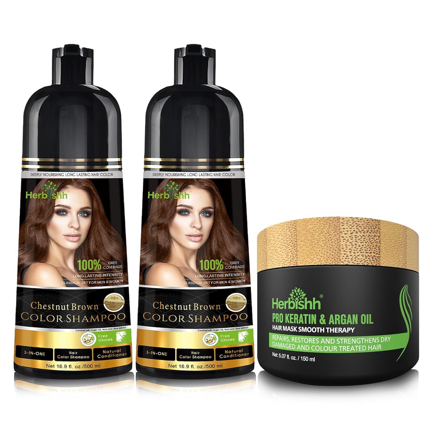 Herbishh Ultimate Chestnut Brown Hair Color Kit (2 Shampoos 1 Argan Hair Mask) for Grey Coverage - Long-Lasting, Easy Application for Men and Women