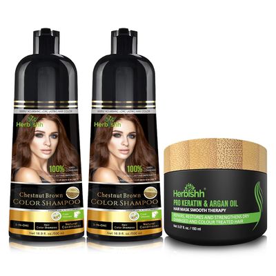 Herbishh Ultimate Chestnut Brown Hair Color Kit (2 Shampoos 1 Argan Hair Mask) for Grey Coverage - Long-Lasting, Easy Application for Men and Women