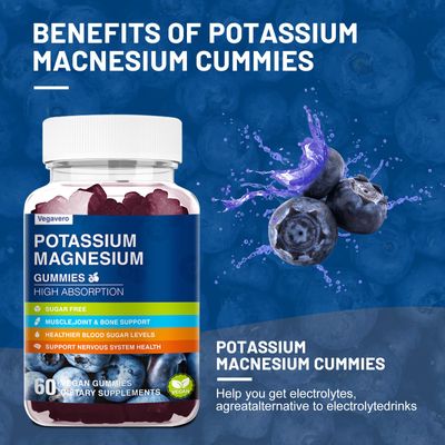 Magnesium Potassium Supplement Gummies - New Formula Calm Magnesium Glycinate Gummies Potassium Citrate Plus Omega 3, B6, D3, K2 Calcium for Zzz, Leg Cramps Muscle - 60 Blueberry Gummies