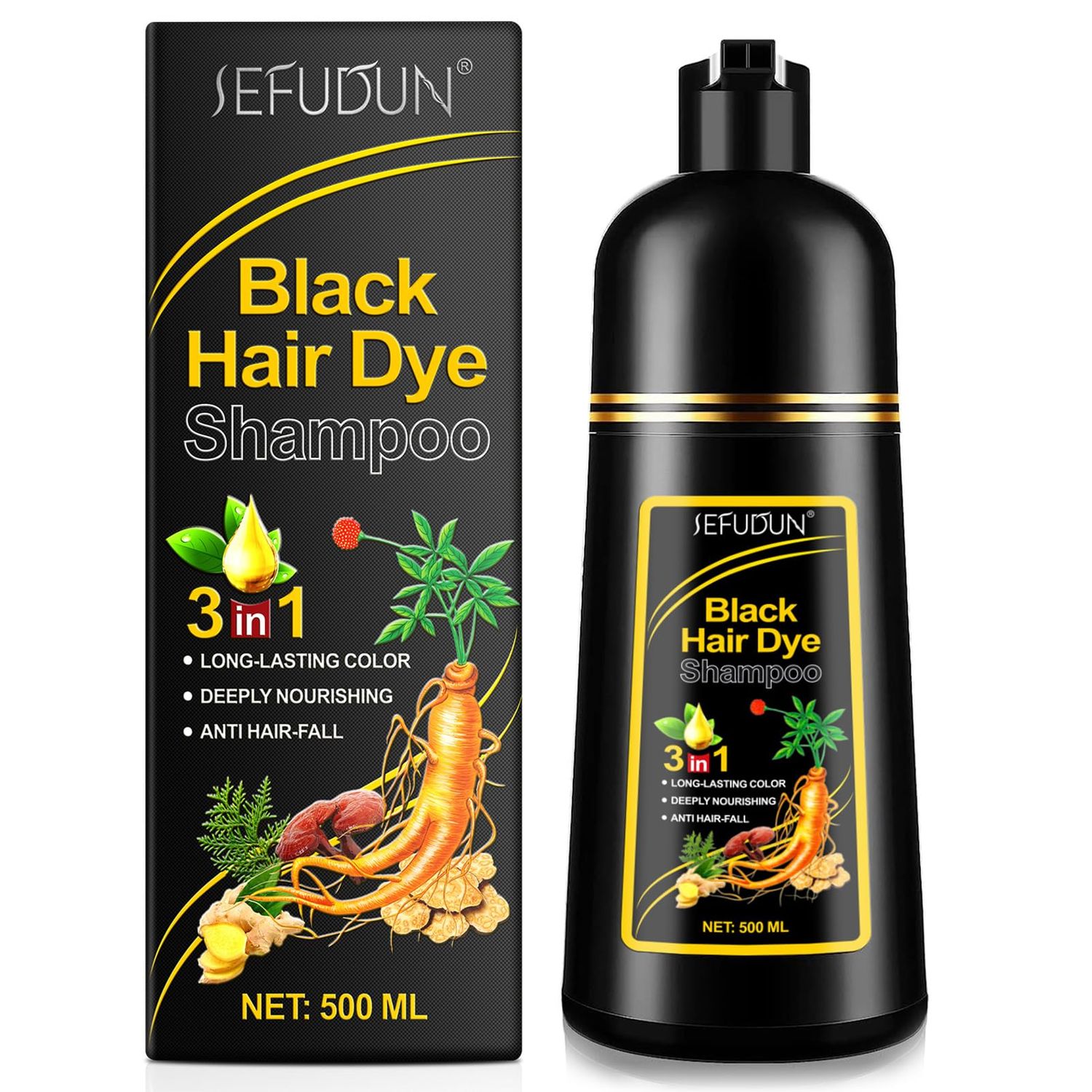 MrCuvaryas Black Hair Dye Shampoo 3 In 1, 3 In 1 Black Shampoo Hair Dye For Gray Hair, Herbal Ingredients Natural Shampoo Black Hair Dye, Black Shampoo Dye Shampoo For Gray Hair For Women Men 500ml
