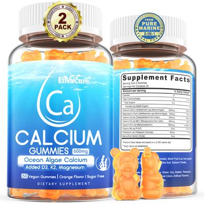 Calcium Gummies 600mg - Ocean Algae Calcium Vitamin D3, K2, Magnesium, B6 for Bone Strength, Muscle Immnue Sustainably Sourced Plant Based Calcium Supplement, 70 Trace Minerals, Vegan, 2 Pack