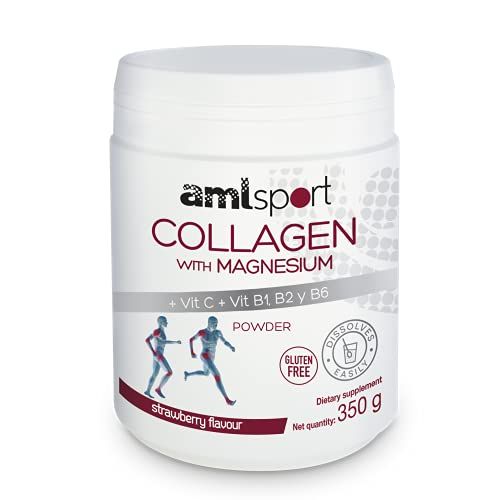AML Sport - Collagen with Magnesium VIT C, B1, B2 and B6 Powder - 350g (Strawberry Flavour). Tissue Regenerator with Type 1 2 Collagen. Gluten Free. Sugar Free